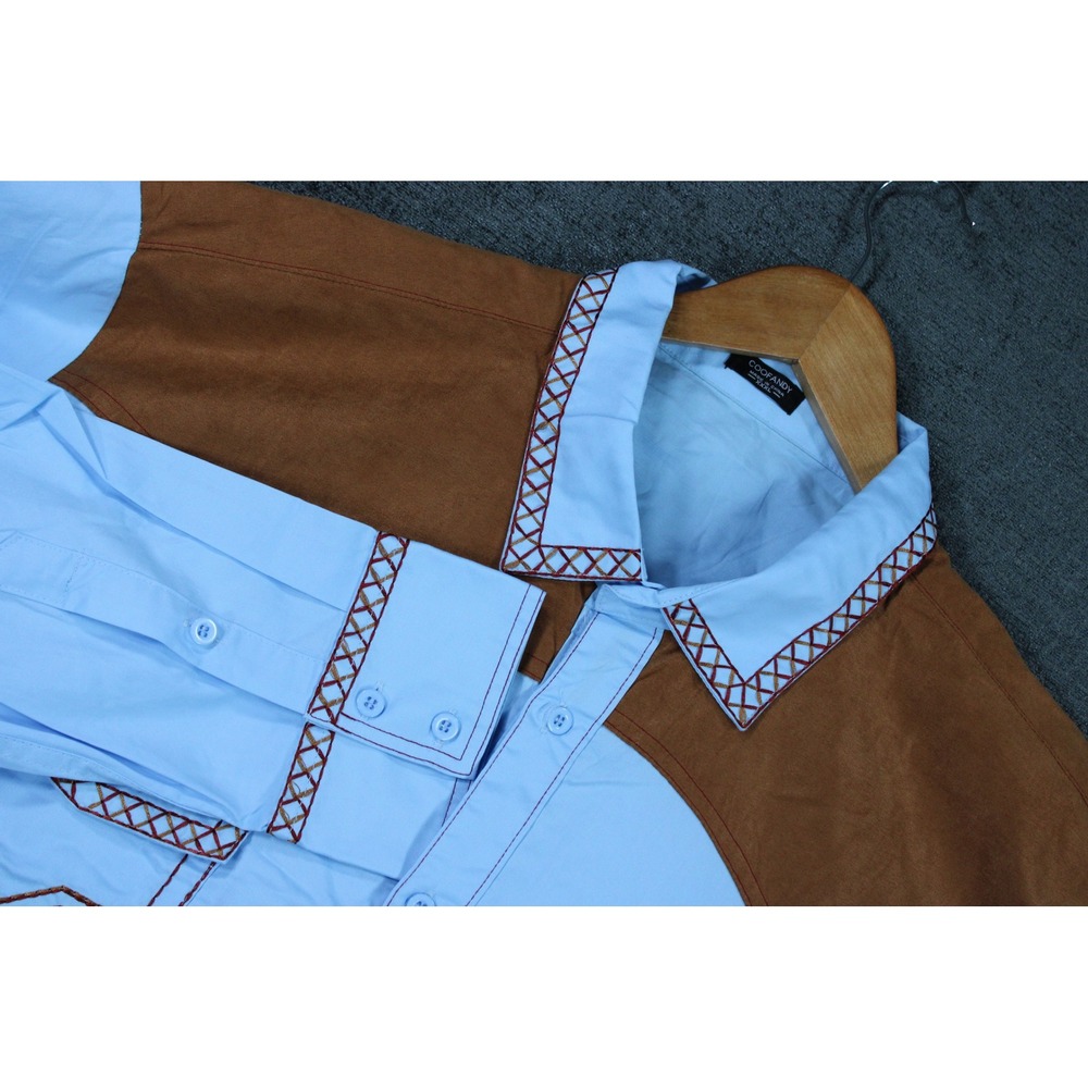 Coofandy Mens Western Shirt Blue Brown Suede Yoke Embroidered XXXL 3XL 0849